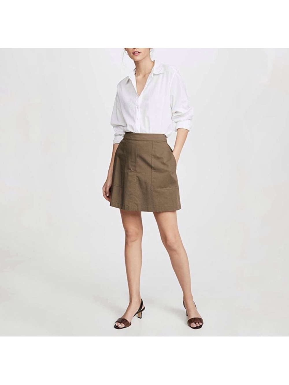 Theory Green Brown Stitched Pocket Skirt L in Chino St. Wash